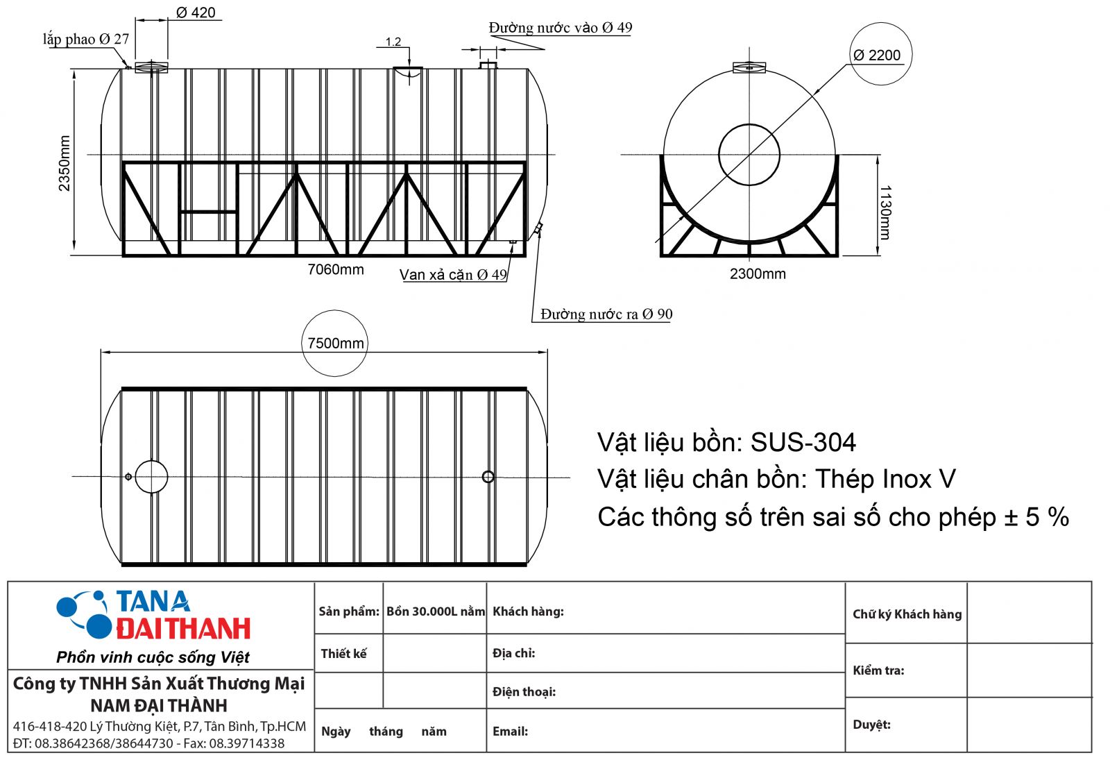 Ban ve bon nuoc inox cong nghiep 30000 lit nam ngang