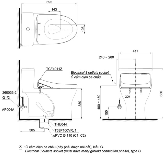 Bồn Cầu 1 Khối TOTO MS855DW11 Nắp Điện Tử WASHLET